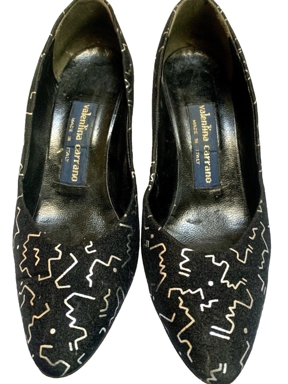 Valentina Carrana Black Velvet Metallic Silver Abstract 3.5" Pumps Sz 8